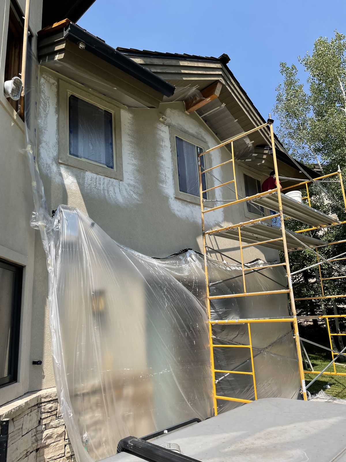 Exterior stucco renovation in progress